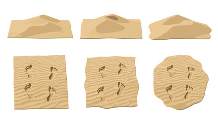 Illustration showing various sand formations with footprints on some sand surfaces on a white background