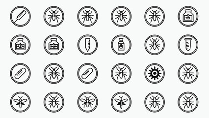 Thirty Minimalist Black Line Icons in Circles on White Background Depicting Mosquitoes Pills Syringes Test Tubes and Gear