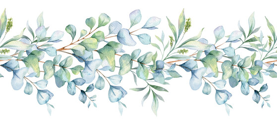 Seamless Eucalyptus Garland with Greenery. Botanical Seamless Horizontal Background. Eucalyptus Watercolor Illustration. Eucalyptus Branches Design. Greenery garland seamless. Eucalyptus Border Frame