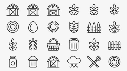 Twenty Seven Minimalist Black Line Art Icons Depicting Farm Barns Wheat Plants Sun Basket Trash Can Fence Milk Bottle Apple and More