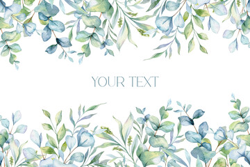 Fototapeta premium Seamless Eucalyptus Garland. Botanical Seamless Horizontal Background. Eucalyptus Watercolor Illustration. Eucalyptus Branches Design. Greenery eucalyptus wedding design. Eucalyptus Border Frame