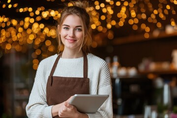 Young female barista serving customers with a tablet in a cozy cafe adorned with warm lights during the day