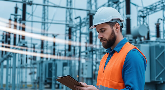 Energy engineer inspecting substation equipment. Electrician studies plan in front of power station with transmission lines. Electrical maintenance at sunset. Safety work environment with hard hat