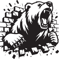 Fototapeta premium Roaring Bear Breaking Through Brick Wall – Bold Black and White Illustration