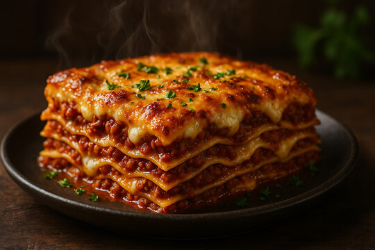 Golden brown lasagna slice oozing with cheese served hot and ready for dinner on national lasagna day comfort food celebration photography concept