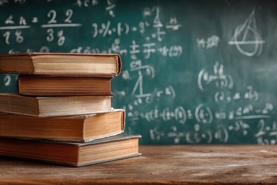 Stack of worn books rests on a wooden desk with a green chalkboard filled with mathematical equations in a cozy study space