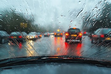 Driving in heavy rain on a busy road with blurred car lights