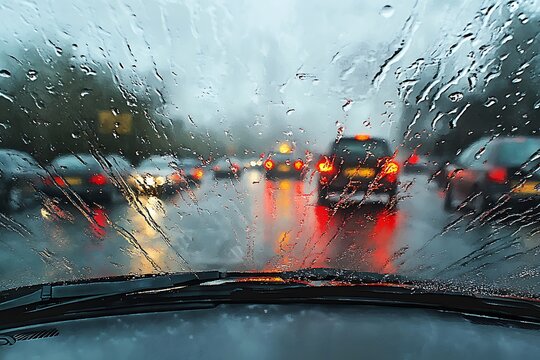 Driving in heavy rain on a busy road with blurred car lights