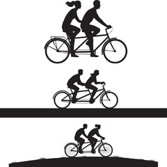 Obraz premium Silhouette of couples riding bicycles together on different surfaces showing togetherness outdoor activity fitness love and cycling lifestyle