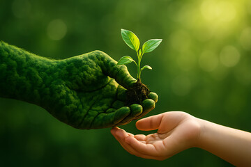 Nurturing new green life into hands from nature for future generations on world nature conservation day symbolizing hope and environmental restoration with love