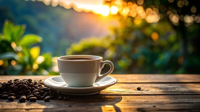 Sunrise Coffee Cup On Wooden Table