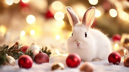 White Bunny Among Christmas Ornaments and Pine on Snow with Blinking Bokeh Lights - Powered by Adobe