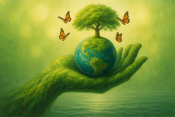 Earth held in green nature hand with tree and butterflies representing balance and care on world nature conservation day for ecosystem awareness and sustainability