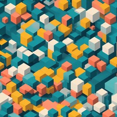 Abstract isometric pattern of colorful building blocks in teal orange yellow and white shades