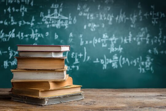 Stack of vintage books resting on a wooden desk with a green chalkboard covered in mathematical equations in a study environment