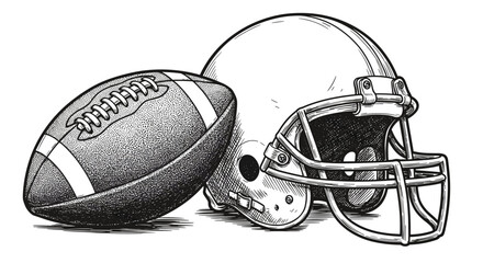 Vintage ink sketch American football and helmet concept for Super Bowl design – hand drawn black and white illustration doodle vector, engraving svg