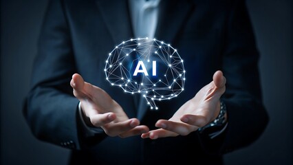 Index finger about to press the AI Artificial intelligence button, AI Artificial int icon, display screen, touch screen, Composite between an image and a 3D background, 3D background, virtual screen..