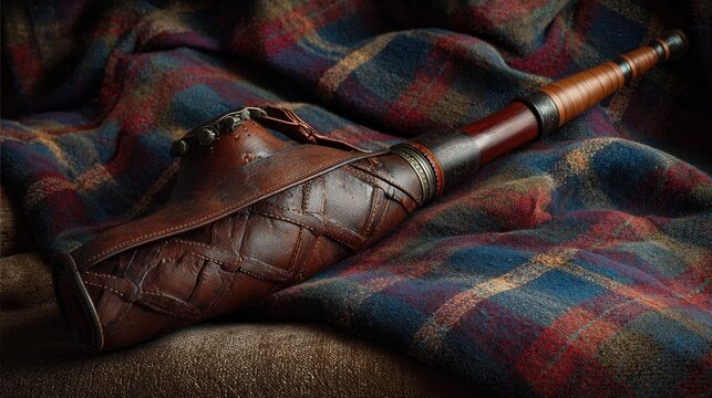 Aged leather pipe resting on plaid fabric