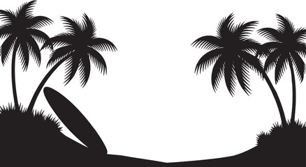 Beach scene silhouette with palm trees and a surfboard perfect for tropical summer vacation island relaxation and travel related graphic themes and exotic landscape illustrations