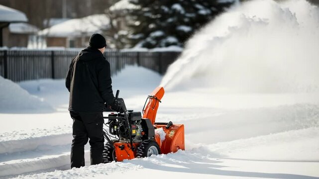 Man operating orange snow blower clearing a snow covered driveway on a winter day outside home
