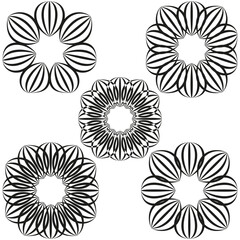 Geometric floral elements. Abstract outline Vector. Symmetrical pattern illustration. Dark background set