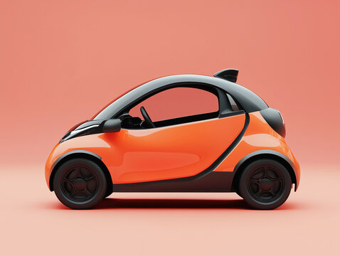 Cute orange microcar with black trim parked on light orange background, 3D render