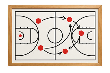 Basketball Coaching Strategy Board with Red Player Markers and Movement Arrows, Illustrating Game Play and Tactical Planning for Sports Teams