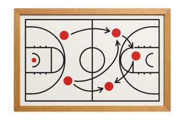 Basketball Coaching Strategy Board with Red Player Markers and Movement Arrows, Illustrating Game Play and Tactical Planning for Sports Teams