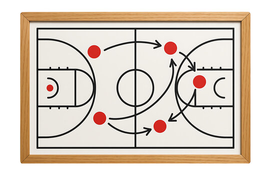Basketball Coaching Strategy Board with Red Player Markers and Movement Arrows, Illustrating Game Play and Tactical Planning for Sports Teams