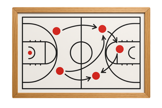Basketball Coaching Strategy Board with Red Player Markers and Movement Arrows, Illustrating Game Play and Tactical Planning for Sports Teams