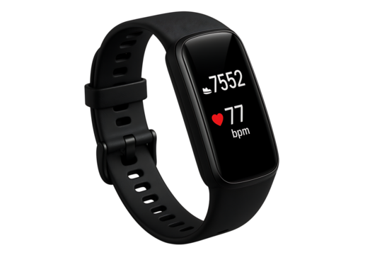 Black Digital Fitness Watch Showing Heart Rate and Step Count – Minimalist 3D Mockup of Smart Health Wearable
