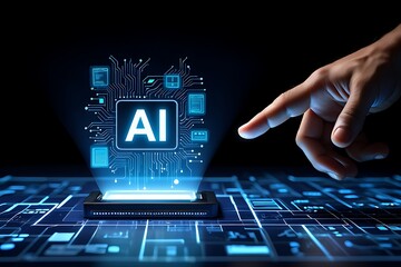 A finger points towards a glowing ai chip with interconnected circuits and data icons, representing artificial intelligence and advanced technology