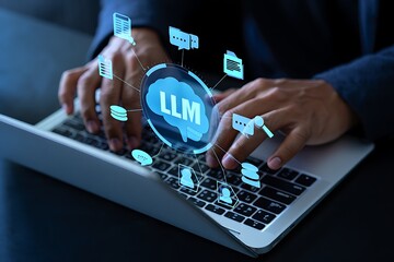 Person typing on a laptop with a glowing llm brain icon and digital data streams connecting to various icons representing information and communication