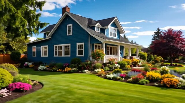 Beautiful Blue House With Colorful Garden
