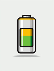 Transparent cylindrical battery showing green charge level on white background, 3D render