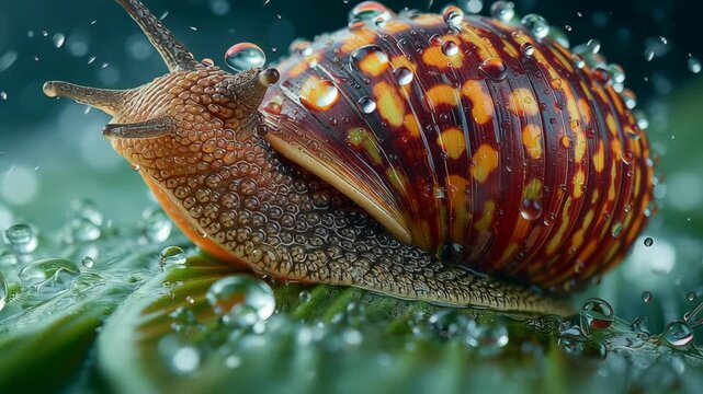 Macro of exotic snail with patterned shell moving across wet green surface, ideal for environmental awareness and biology videos. 4K, motion