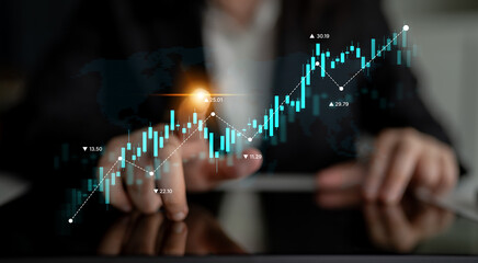 Stock market analysis with candlestick chart and price movement trend line, highlighting global...