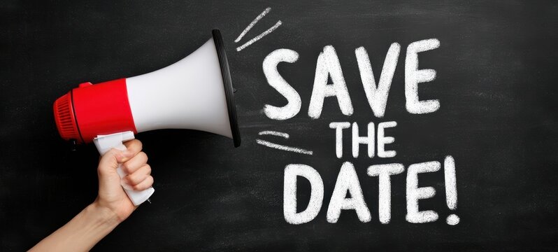 The megaphone announcing a memorable date on a chalkboard background.