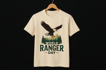 Eagle soaring over mountain forest printed on beige t-shirt for world ranger day celebration in honor of wildlife protection and park rangers work