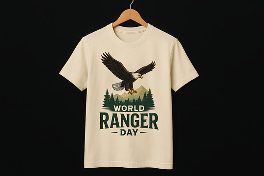 Eagle soaring over mountain forest printed on beige t-shirt for world ranger day celebration in honor of wildlife protection and park rangers work