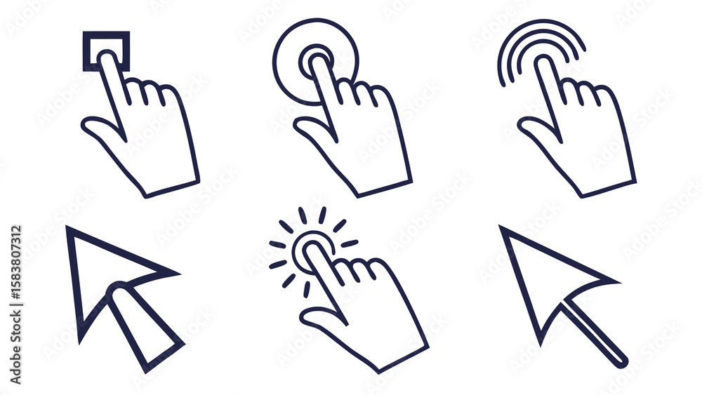 Fototapete Illustration showing multiple hand cursor icons with various touch and click gestures on a white background