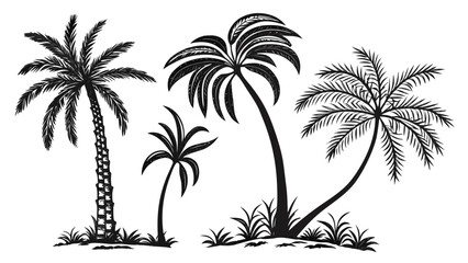 Fototapeta premium Silhouette illustration of four palm trees of varying sizes with grass at the base on a white background