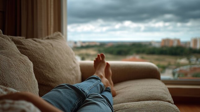 Relaxing person on a sofa with view