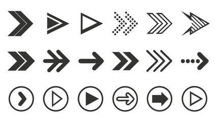 Illustration showing a collection of different arrow designs pointing right with various styles and shapes