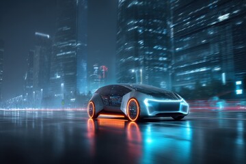 Fototapeta premium Futuristic electric vehicle driving through a vibrant cityscape illuminated by neon lights at night