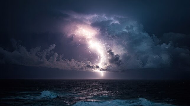 Dramatic lightning strike over dark ocean