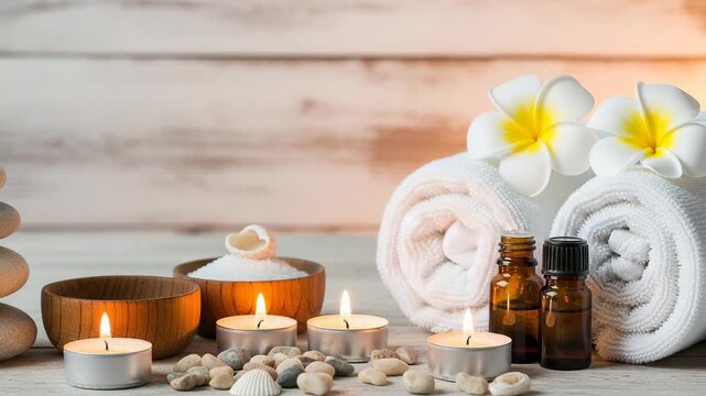 Spa still life with candles, stones, and aromatherapy oils for relaxation