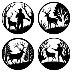 Silhouette scenes of deer and hunters in circular frames with trees and foliage design elements