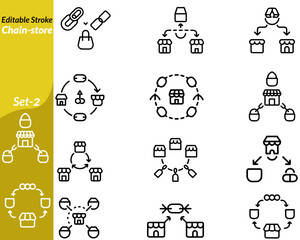 A symbol of a storefront repeated in a line, representing retail chains, uniform branding, franchising, large-scale distribution, multi-location shops, consumer goods, and commercial consistency.