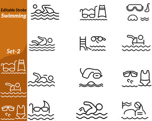 A dynamic icon of a swimmer gliding through water with motion lines, symbolizing aquatic sports, fitness, competition, summer fun, healthy lifestyle, water safety, and physical endurance.